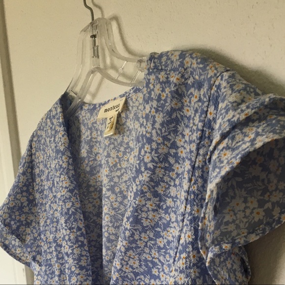 MONTEAU•Frilly blue top, white flower pattern - Picture 6 of 8